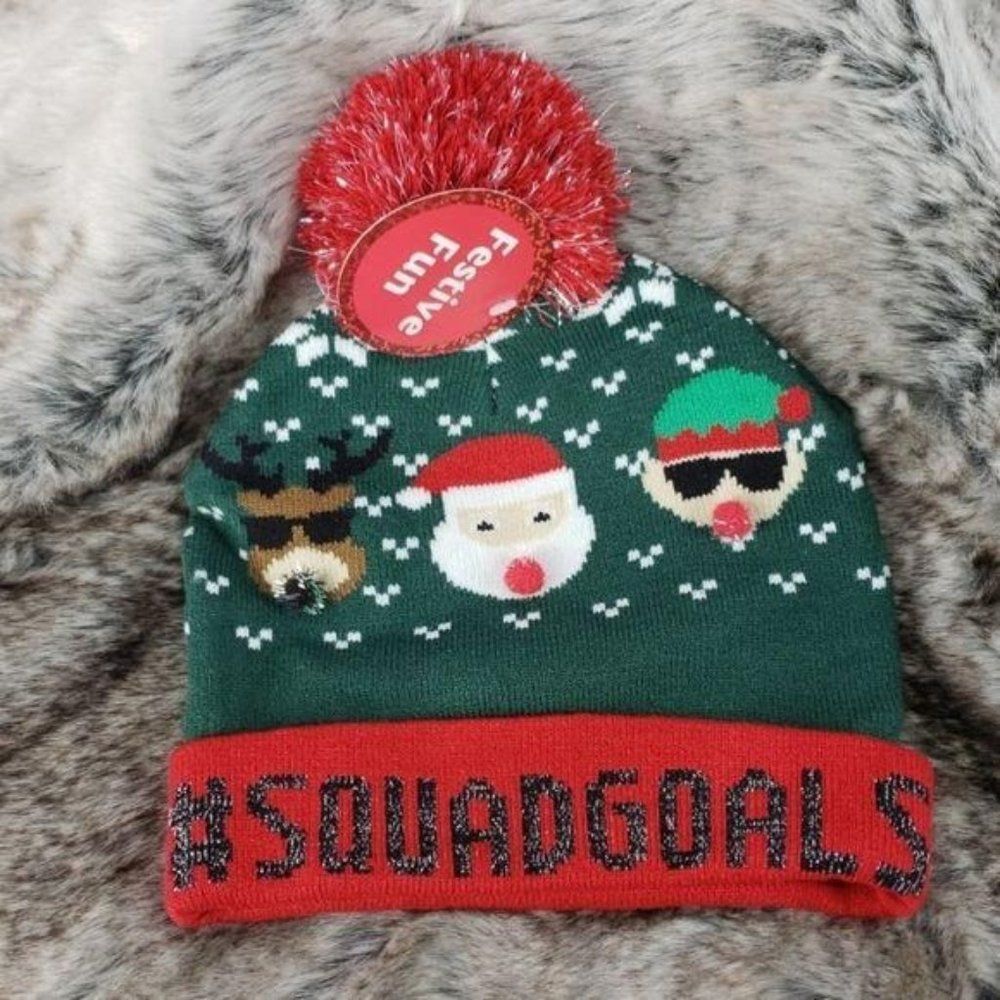 Festive Fun Christmas Beanie Hat Green Red Squad Goals Santa Reindeer Elf Pom